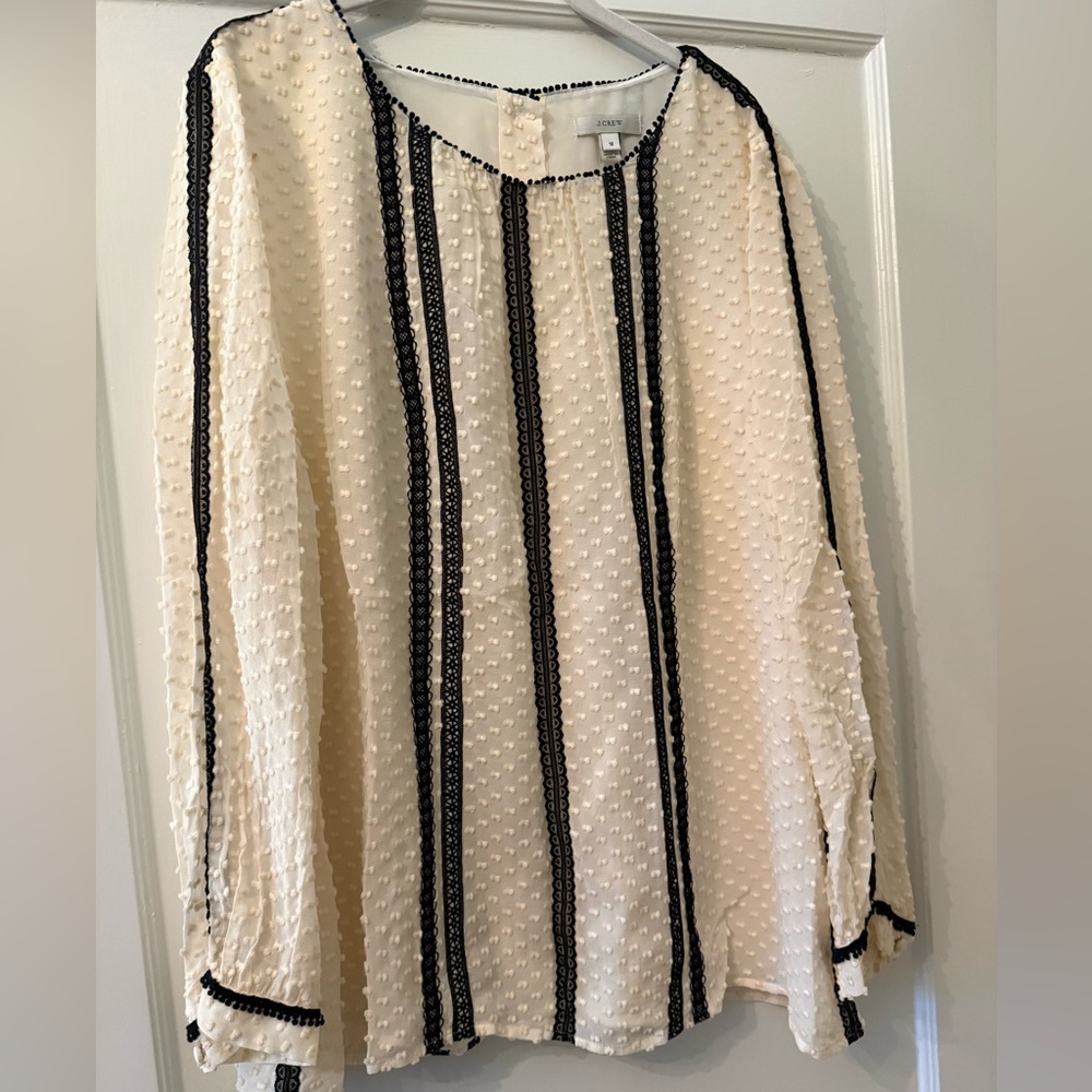 J CREW ~ Cream & Black Dot & Lace & Silk ~ Long Sleeve Blouse ~ Size 16 GUC